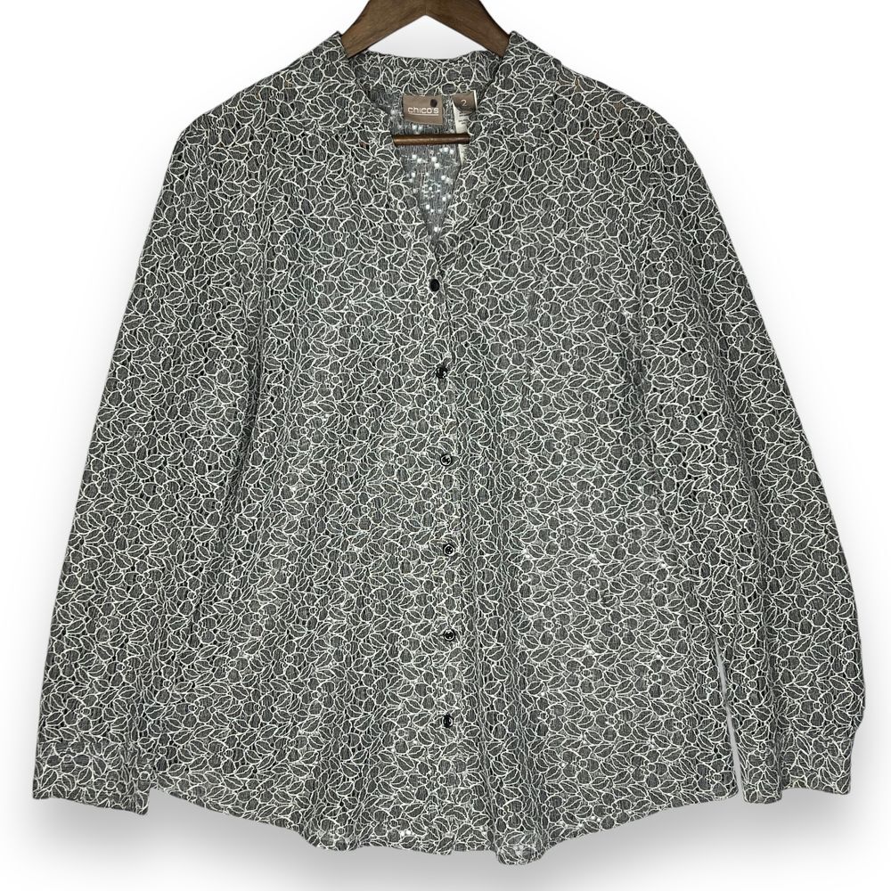 Chico's Floral Lace Button Blouse Long Sleeve Cottagecore Grandmacore Office 2 L